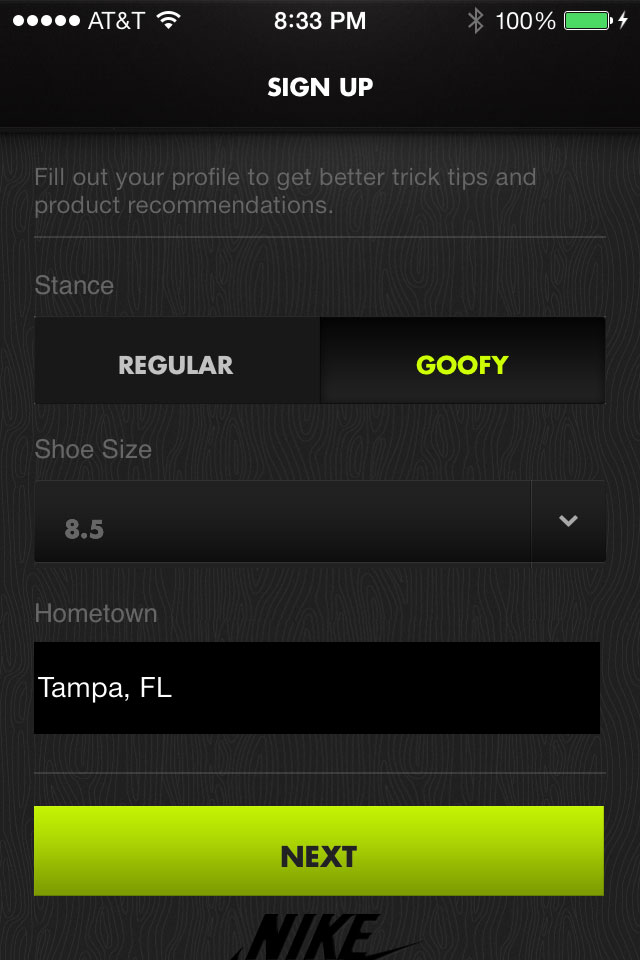 Nike SB App: Profile Setup